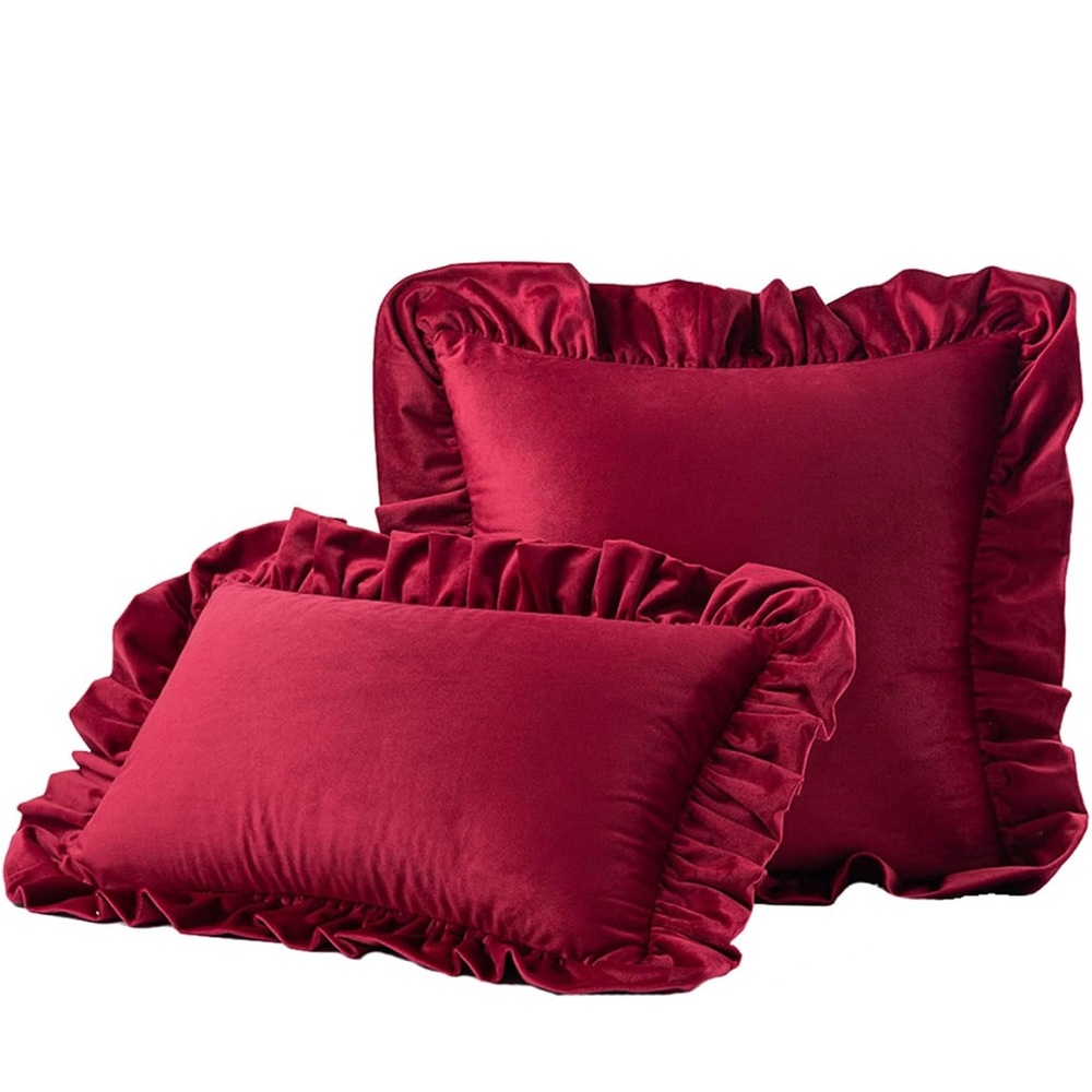 Wine Red Velvet 18”x18” & 12”x20”Ruffled Christmas Pillow Cover Set